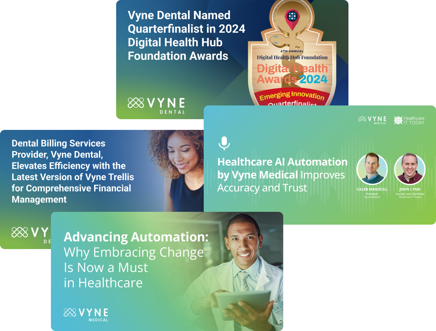 A collage of four Vyne Dental and Vyne Medical promotional banners highlighting awards, healthcare AI automation, and solutions for dental and medical management.