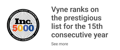 Inc. 5000 badge next to text stating Vyne has ranked on the Inc. 5000 list for the 15th consecutive year.